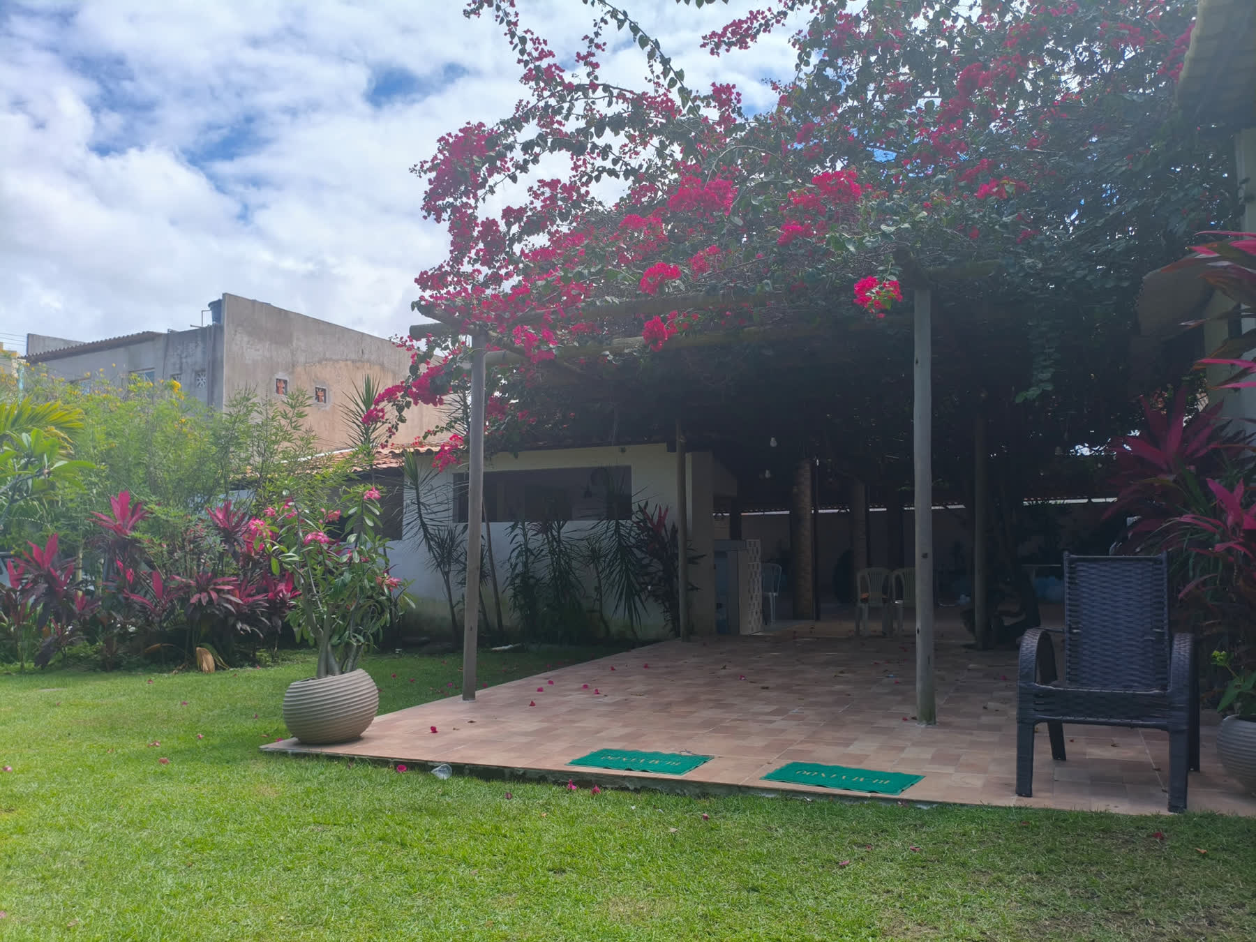 Área de jardim do Studio29 com piso de pedra sob copa de flores rosas