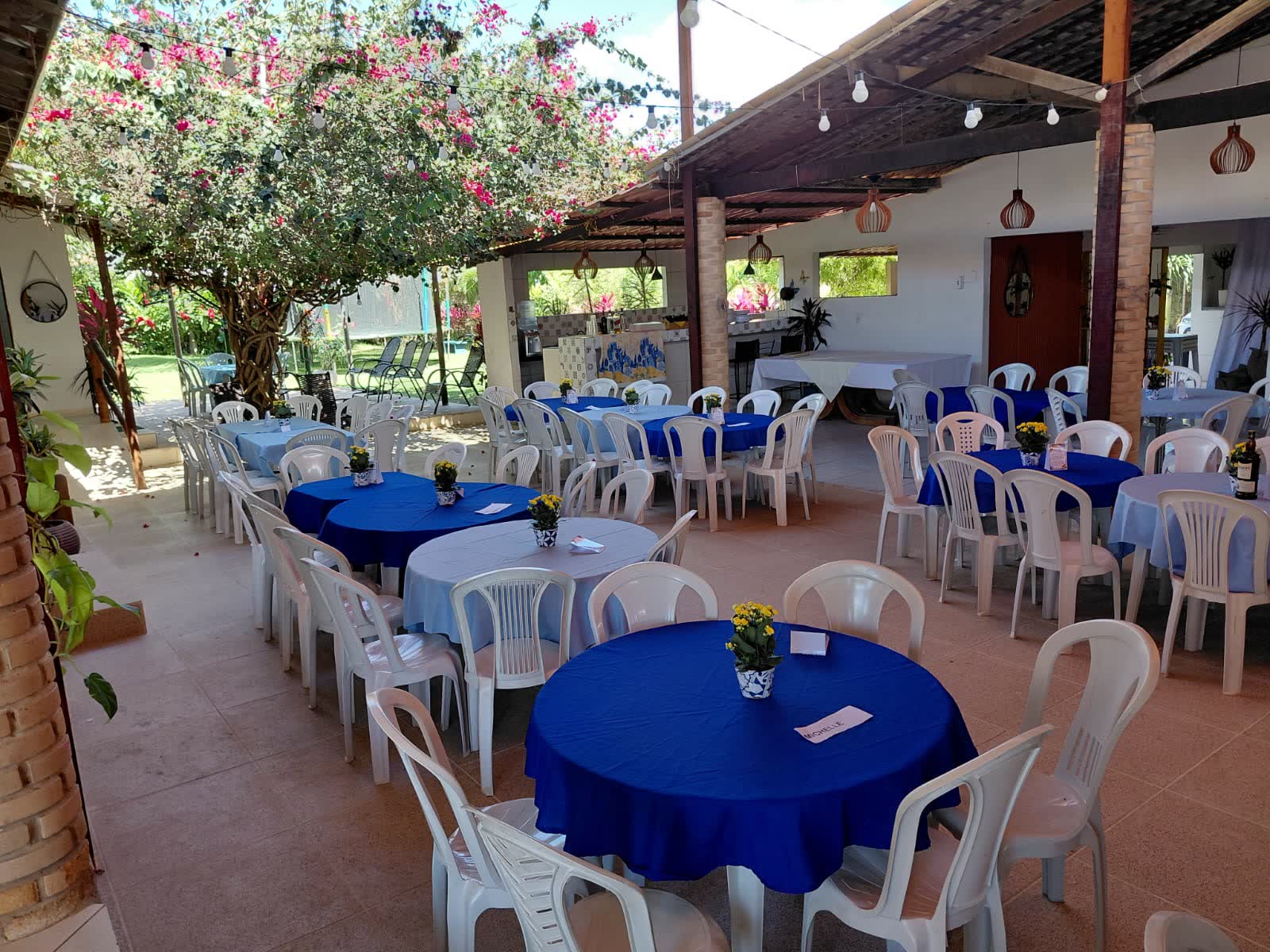 Festa no pátio do Studio29 com mesas azuis, arranjos amarelos e árvore florida
